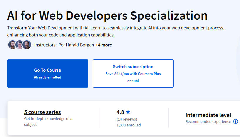 Completion certificate for "AI for Web Developer Specialization"