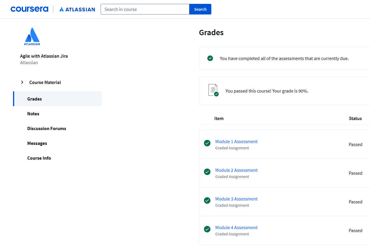 Completion certificate for "Agile with Atlassian Jira"